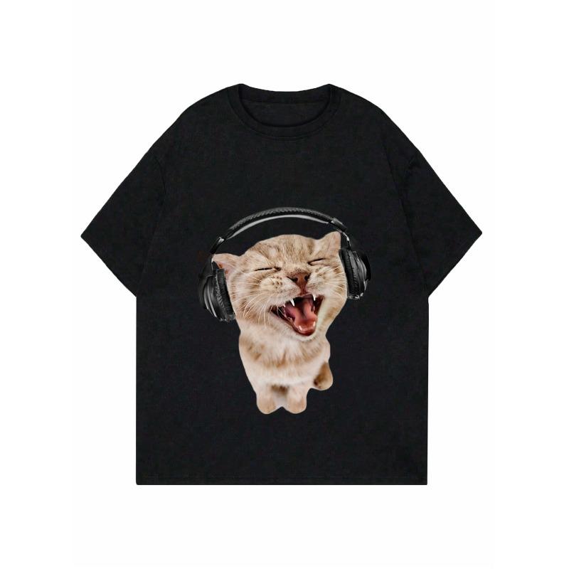 Women Casual Loose T Shirt Black Cat With Headphones Singing Music Print Summer Everyday Wear