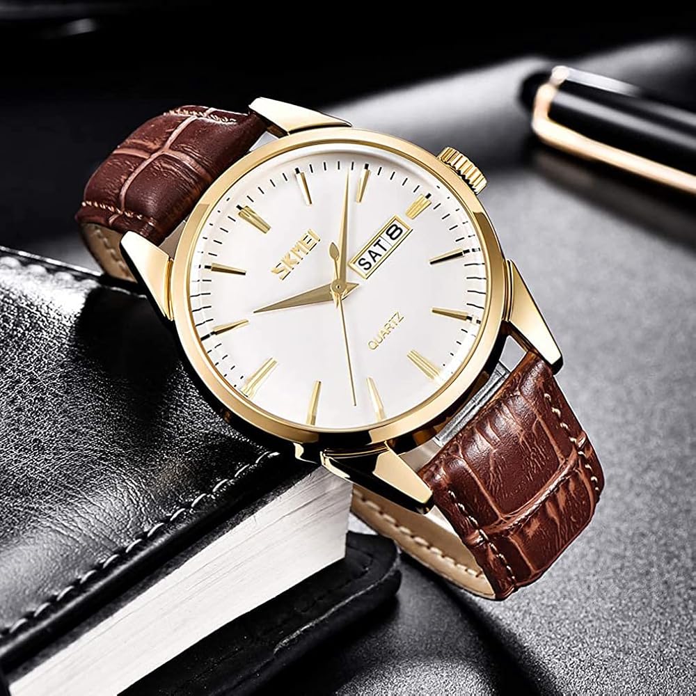 Men's Classic Brown Leather Strap Watch Waterproof Quartz Analog Casual Simple Date Day Lightweight