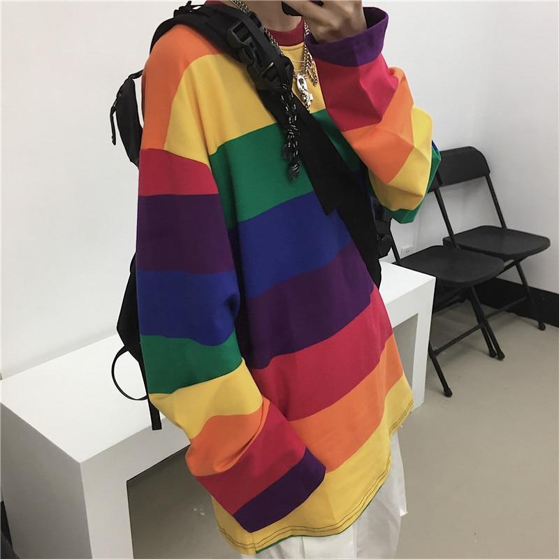 Scione Rainbow Striped Women T Shirts Harajuku Female Tops Long Sleeves Oversize O-Neck Casual T-shirts