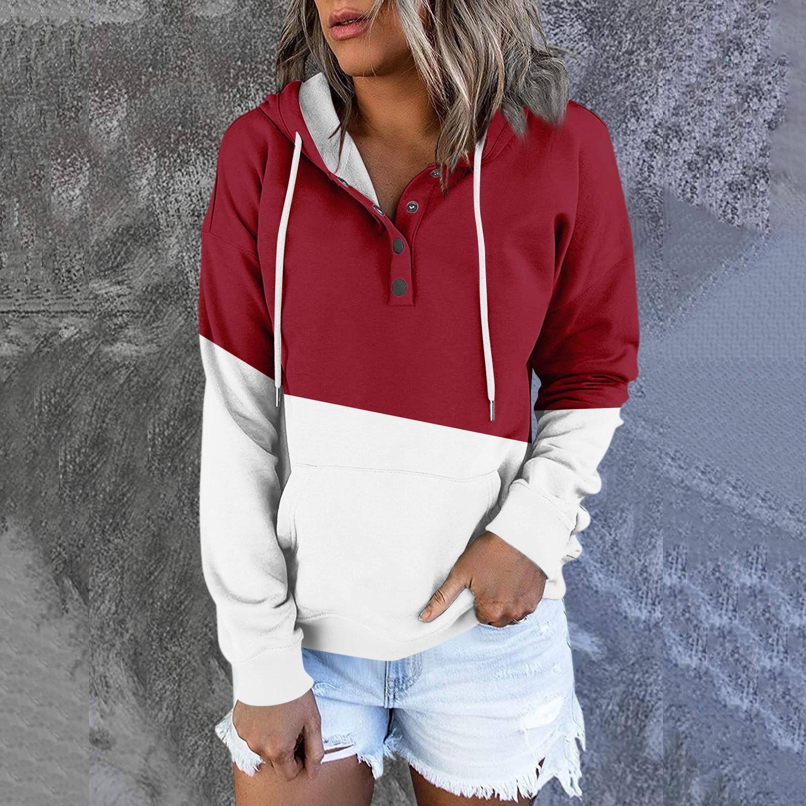 

Женские повседневные модные полосатые пуловеры с длинными рукавами и пуговицами, толстовки с капюшоном L красный