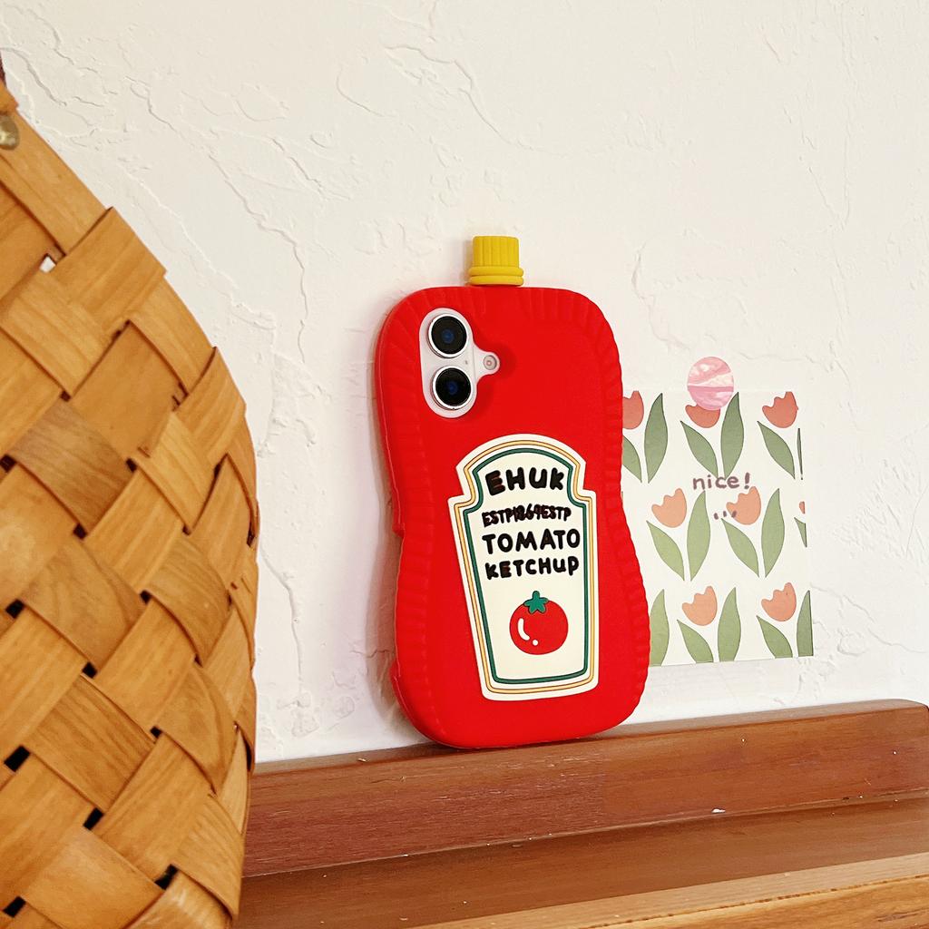 For iPhone 16 Silicone Case Cute Ketchup Bottle Design Shockproof Phone Back Cover