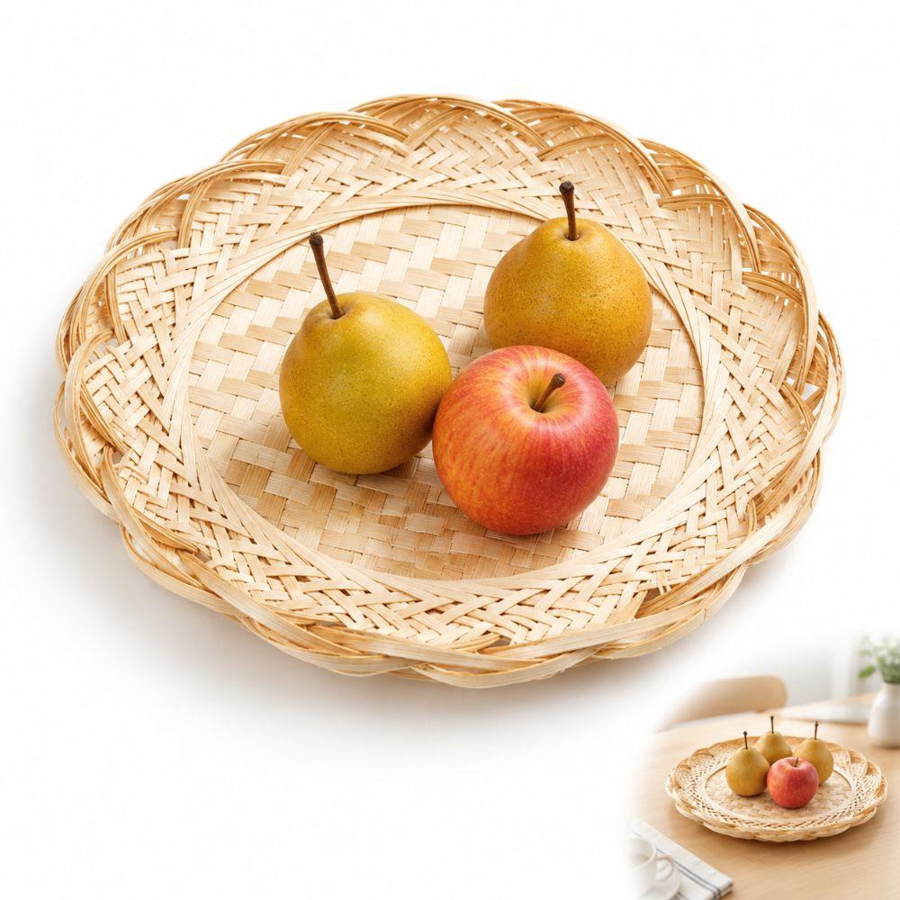 Scalloped Edge Woven Bamboo Tray Round Fruit Snack Serving Tray Bamboo Woven Basket Fruit Serving
