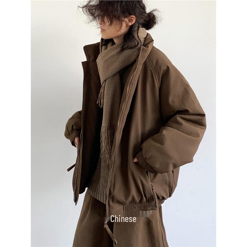 Unisex Retro Japanese Maillard Coffee Stripe Cotton Padded Winter Jacket
