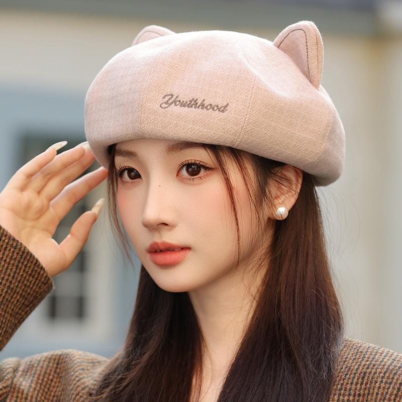 Korean Retro Cute Cat Ears Beret Spring and Autumn New Casual Versatile Painter Hat Windproof Warm Hat for Women