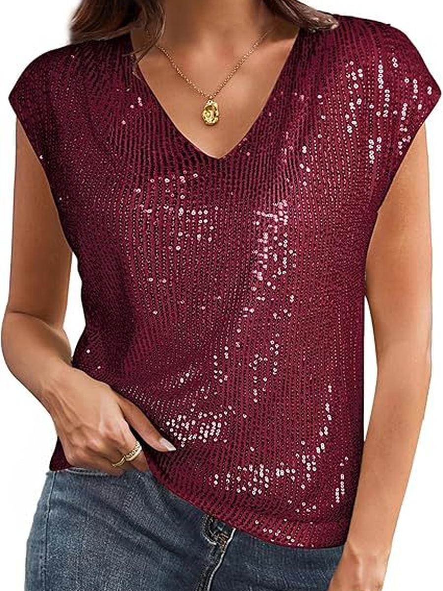 

Spring Autumn New Arrivals Shoulder Strap Sequin Slim V-Neck Solid Color Top T-Shirt for Women S красный