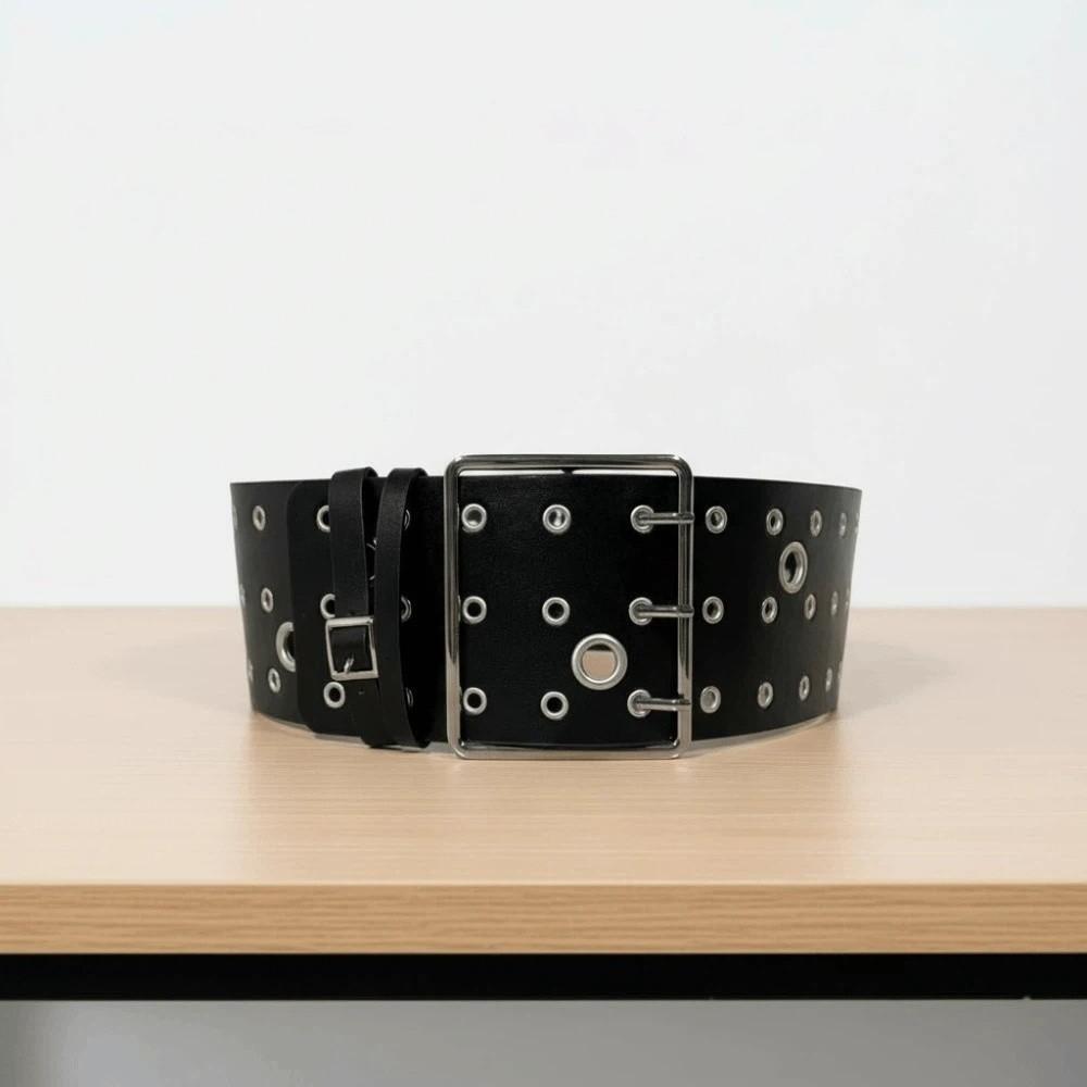 Personalized Design Hollow Rivet Wide Belt Three Row Needle Buckle Black Leather Waistbands  Party