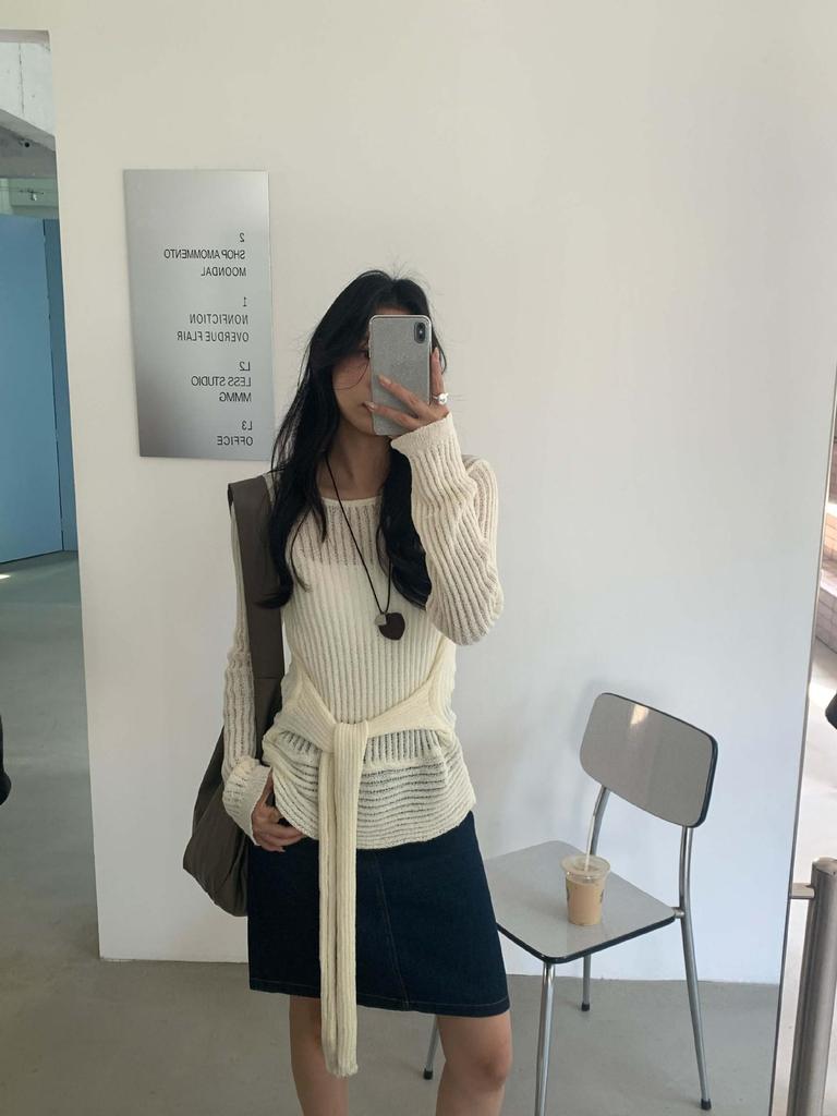 Huang Zheng Schnür-Ausschnitt Strickpullover, Damen Koreanischer Stil Frühling 2025 Freizeit-Top