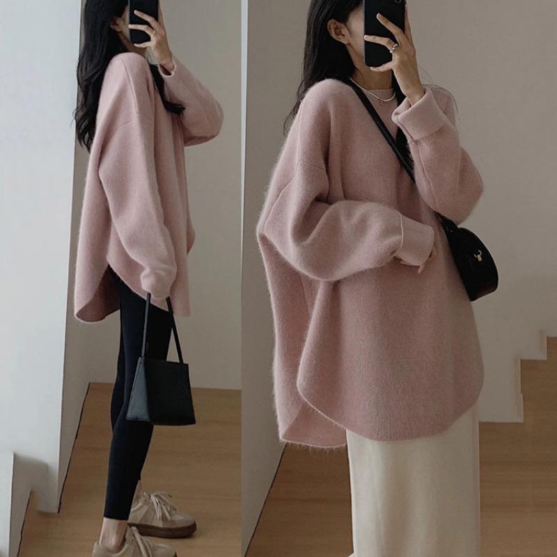Medium and Long Sweater Women's Autumn and Winter Gentle Lazy Wind Solid Color Knitted Bottoming Shirt with Top