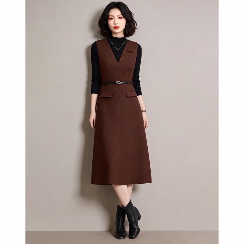 Women's Semi-High Neck Top & Sequin Vest Dress Two-Piece Set with Belt