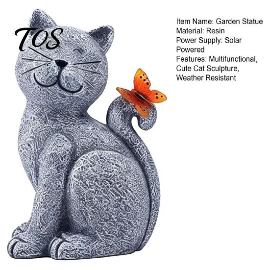 Unique Housewarming Garden Gift Solar Cat Statue, Cute Sculpture with Butterfly Light, Decorative for Balcony Waterproof Resin Animal Statue
