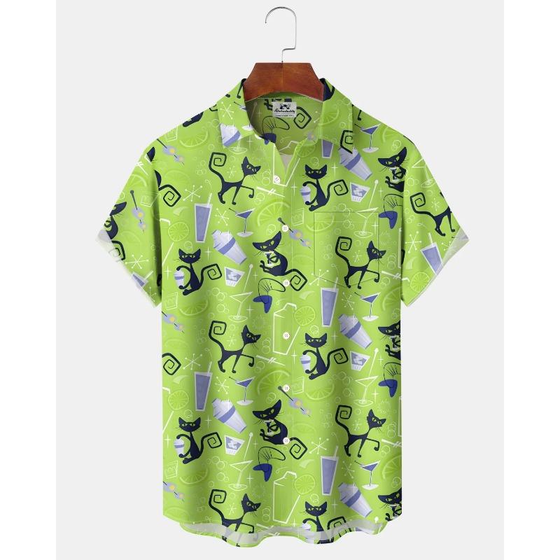 Men's Cute Cat Cartoon Geometric Print Hawaiian Shirt Short Sleeve Casual Beach Vacation Summer Button-Up Top