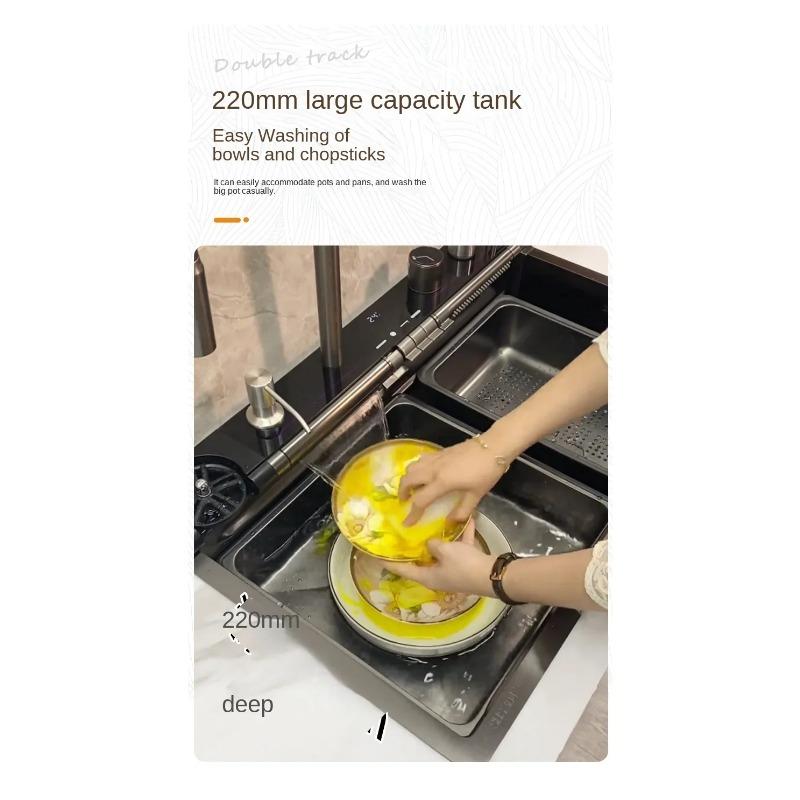 304 New Digital Display Waterfall Sink Stainless Steel Kitchen Sink With Smartphone Holder Embossed Large Single Slot Wash Basin
