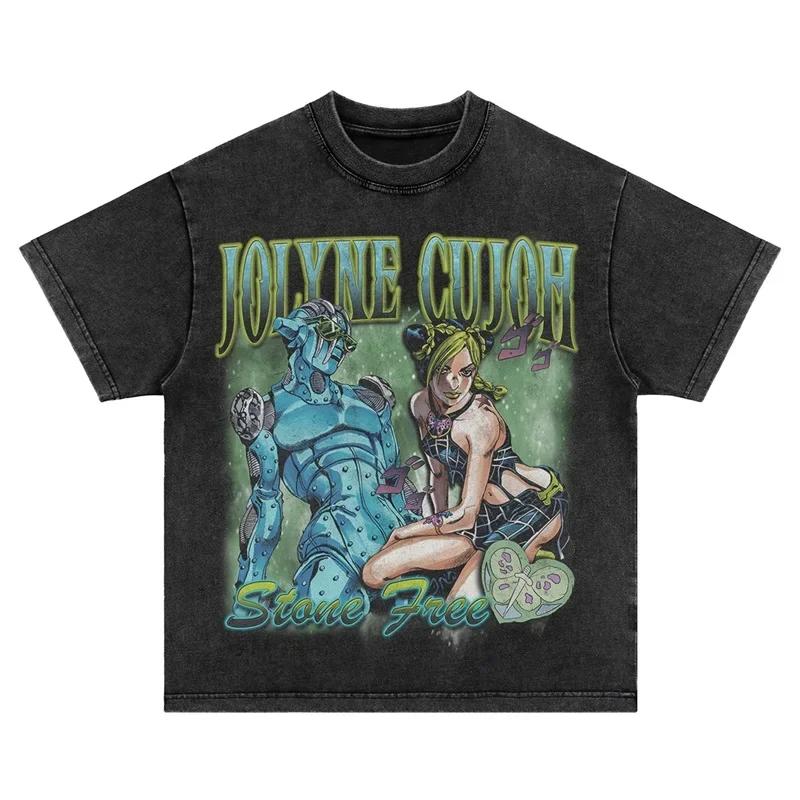 Anime JoJos Bizarre Adventure T Shirt DIO Washed Manga JOJO Stone Ocean Men Women T-shirts Oversized Kujou Jolyne Tops Tees