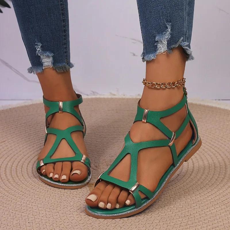 2025 Back Zipper Women's Sandals New Metal Decoration Casual Open Toe Summer Plus Size Light Comfortable Flat Sandals