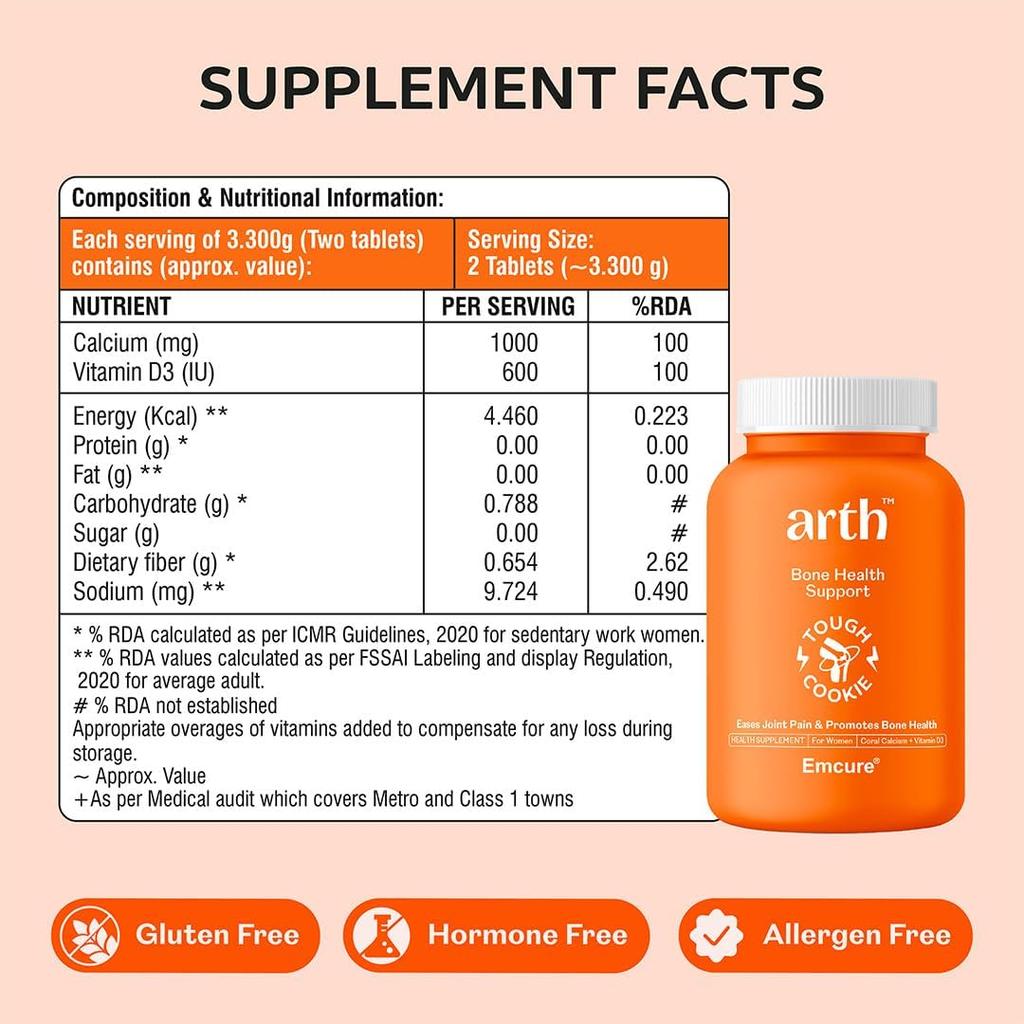 Arth Calcium & Vitamin D3 Tablets 1000mg 600 IU Coral Calcium 60 Veg Tablets X Pack of 3 for Bone & Joint Support