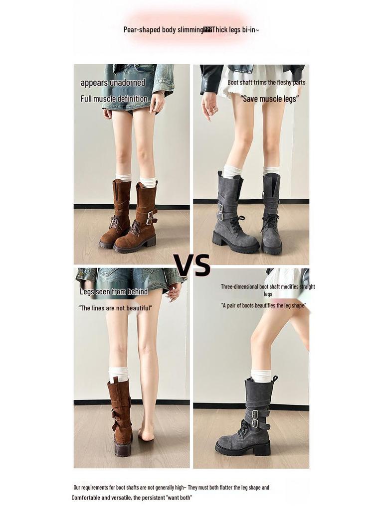 Autumn 2025 Genuine Leather Retro Mid-Calf Buckle Boots - Western Chunky Heel Motorcycle Style