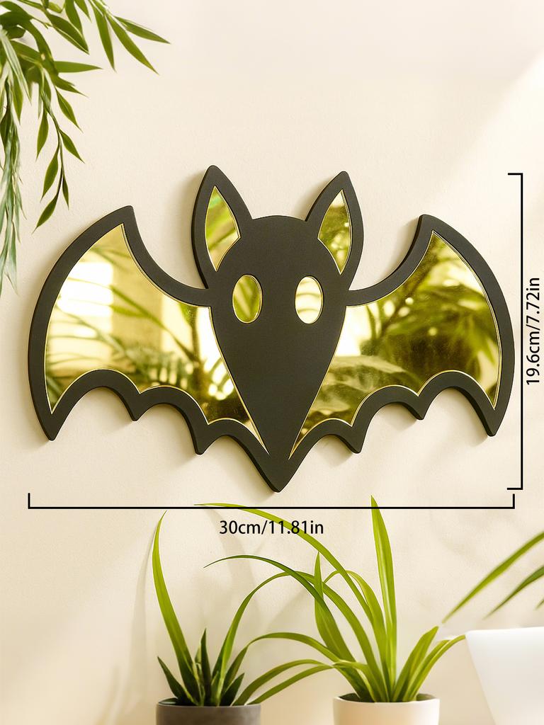 Acrylic Halloween Bat Shape Wall Mirror, Wooden Black Frame Wall Hanging for Living Room Bedroom, Spooky Aesthetic Wall Ornament