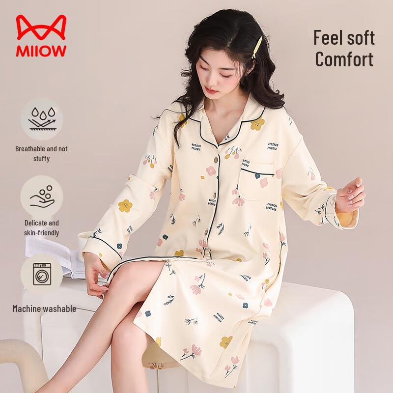 Women s Anti-Mite Pure Cotton Floral Nightgown with Chest Pads L