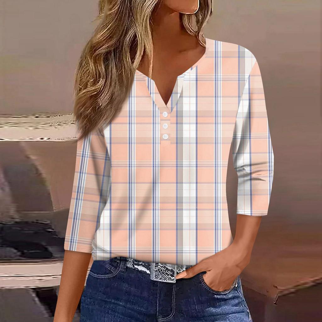 Damen T-Shirt Tee Bedruckt Knopf 3/4 Ärmel Tunika Täglich Wochenende Mode Basic V-Ausschnitt Reguläres Oberteil