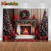 Mocsicka Christmas Backdrop Photography Fireplace Gifts Tree Party Photo Background Indoor Home Red Wallpaper Decorations Banner