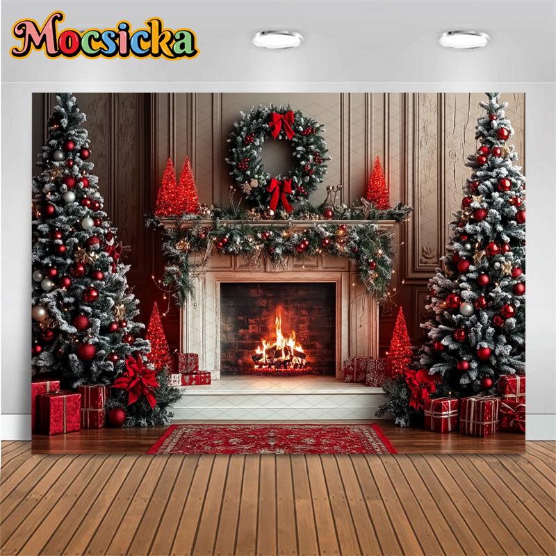 Mocsicka Christmas Backdrop Photography Fireplace Gifts Tree Party Photo Background Indoor Home Red Wallpaper Decorations Banner