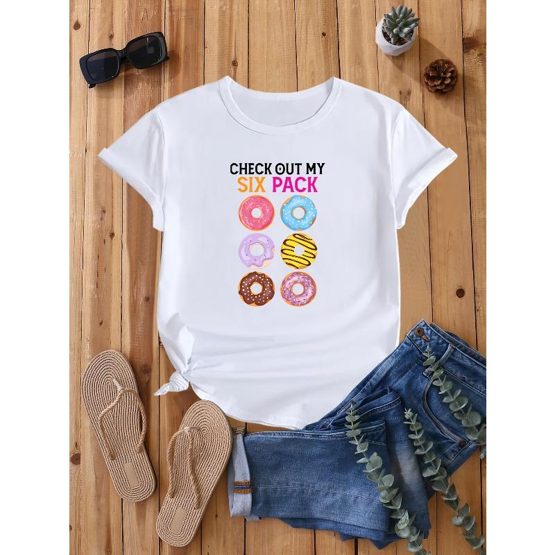 Women's Funny "Check Out My Six Pack" Donut Print Loose Casual Summer T-Shirt