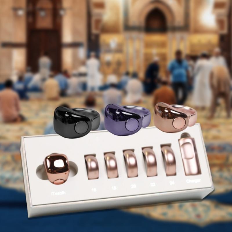 Intelligent Tasbih Rings With Digital Screen 5 Interchangeable Size Support Wireless Charging and Daily Prayer Reminders