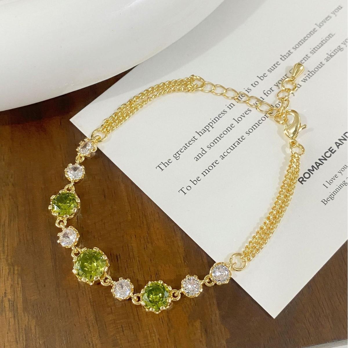 French Olive Green Zircon Bracelet - Elegant High-End Court Style for Women
