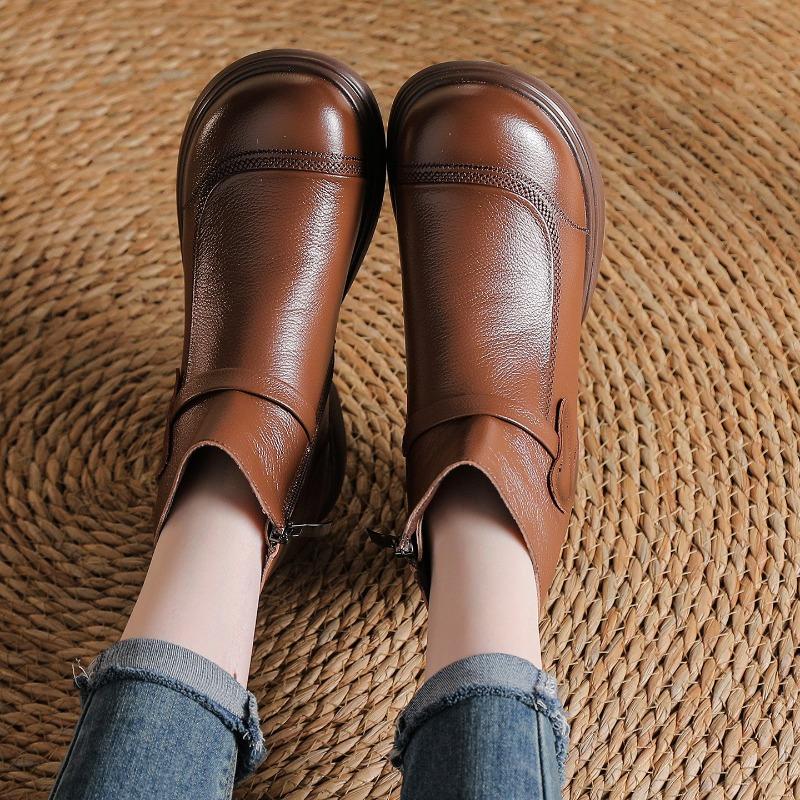 Autumn and winter new first-layer cowhide thick-heeled retro Martin boots medium and old boots women's velvet short boots genuine leather single boots