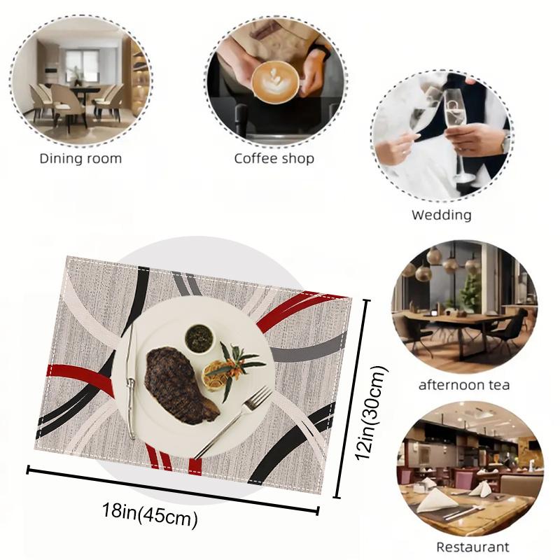 4-Pack Linen Placemats, 12x18 Inch, Machine Washable, Abstract Geometric Red & Gray Line Design for Home Kitchen, Party & Room Decor