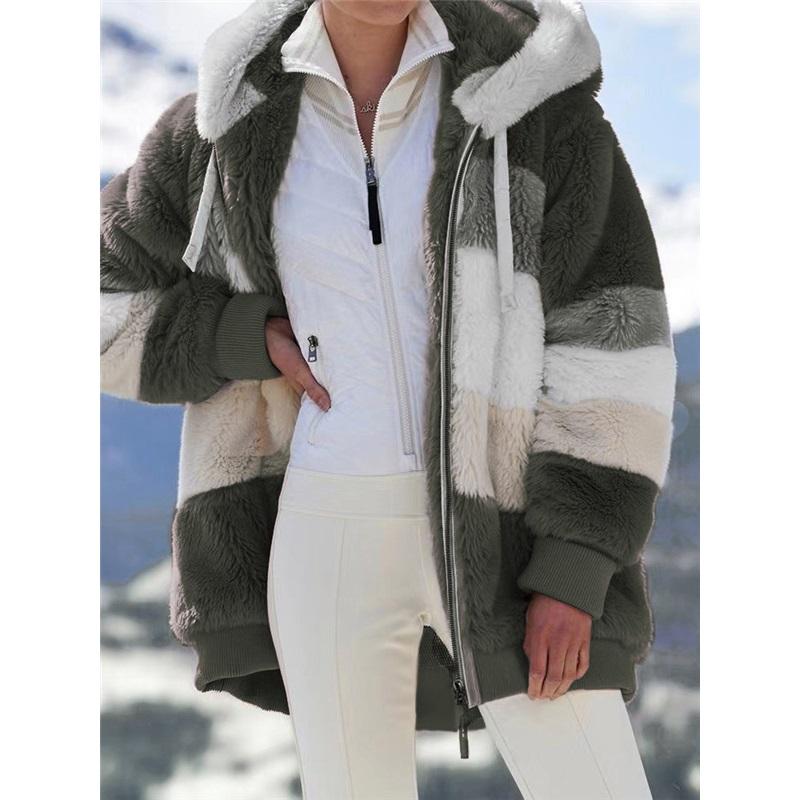 

Women s Autumn And Winter Loose Warm Plush Patchwork Zipper Pocket Hooded Jacket 4XL
