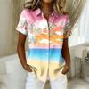 Women's Shirt Hawaiian Print Button Short Sleeved Pocket Casual Top