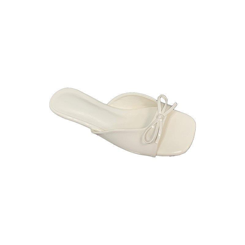2025 low heel square head sandals fairy style bow patent leather cool slippers outer wear with skirt