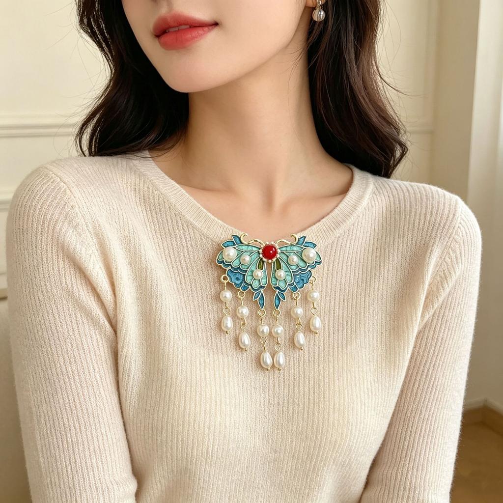 Pearl Female Butterfly Tassel Brooch, Ancient Style Clothing, Colored Painting, Oil Droplet-shaped Chest Decoration