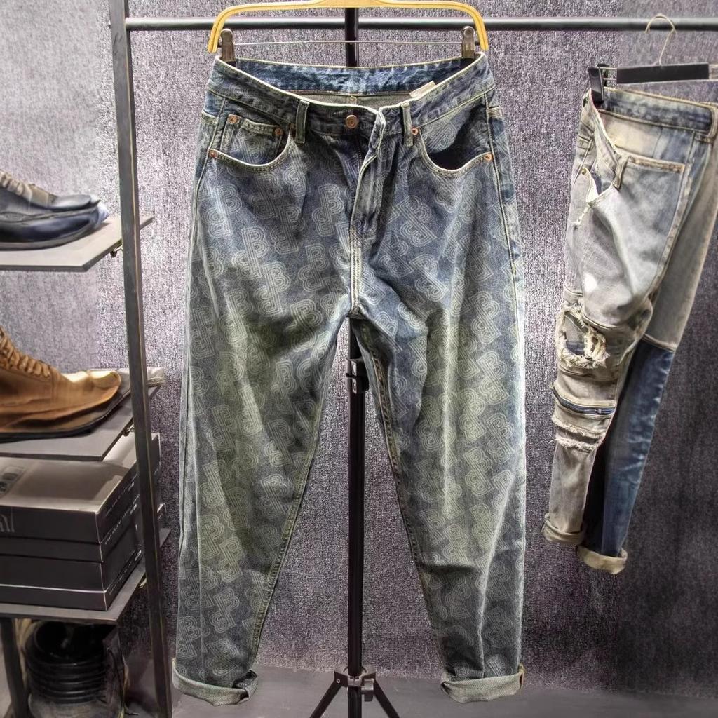 JYL Mens Jeans High Street Lightning Cropped Straight Wide Leg Denim