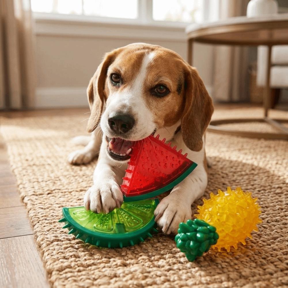 Elastic Surface Cooling Chew Toy Multi Shades Fruit Chew Toy Squeaky Dog Toy  Puppy Teething