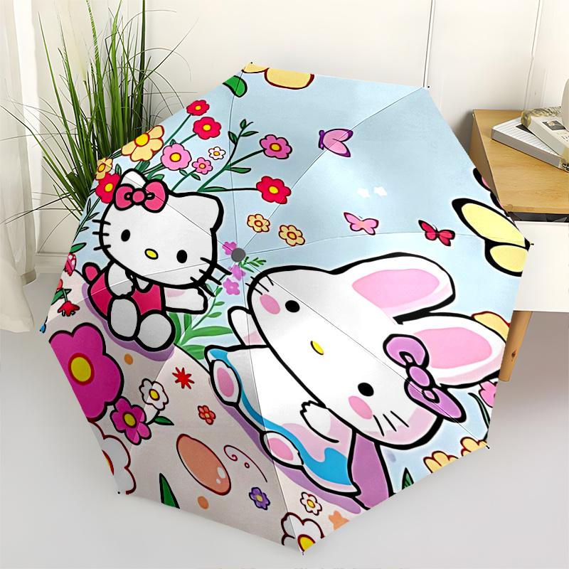 

1pc Hello Kitty & Little Twin Stars Automatic Folding Umbrella - Portable 3-Fold Design with 8-Rib Iron Frame, Perfect for Outdoor Use, Festive Gifts,