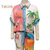 2 Pcs/Set Women Shirt Pants Set Hawaii Vacation Style Colorful Print Single-breasted Short Sleeve Lapel Top High Elastic Waist Wide Leg Trousers