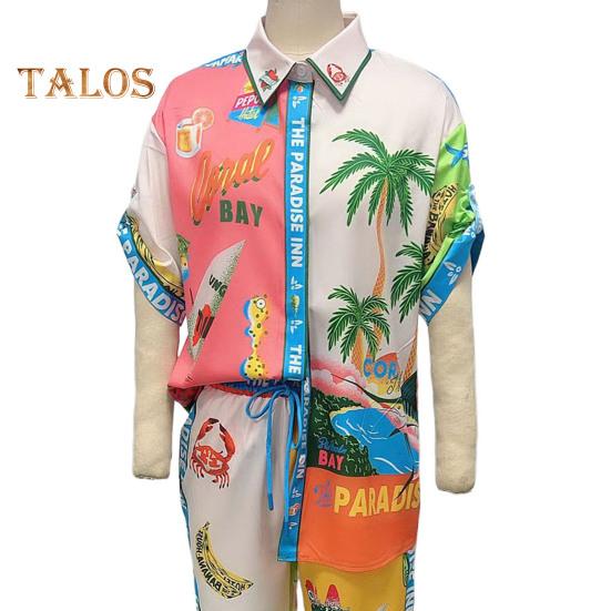 2 Pcs/Set Women Shirt Pants Set Hawaii Vacation Style Colorful Print Single-breasted Short Sleeve Lapel Top High Elastic Waist Wide Leg Trousers