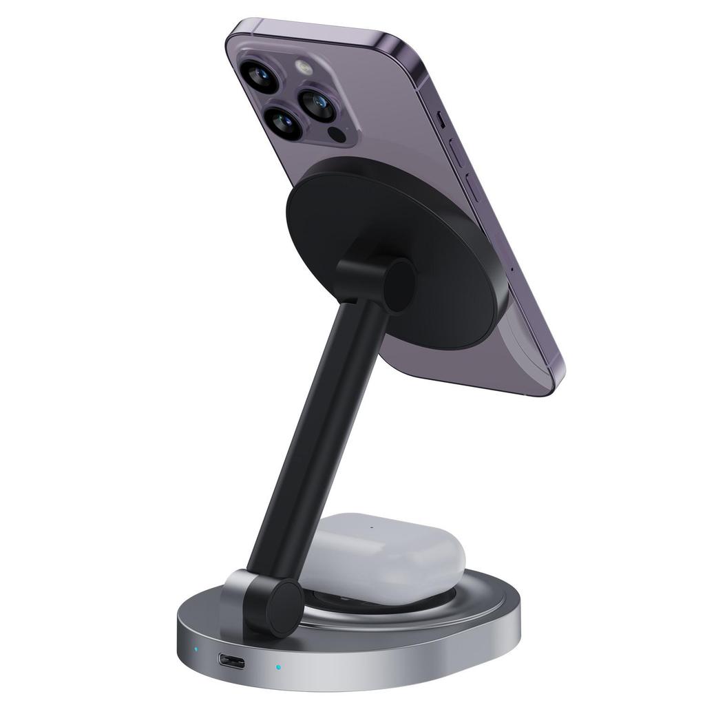 Adjustable 3-in-1 Foldable Magnetic Wireless Charger for iPhone, Apple Watch, and Earphones.