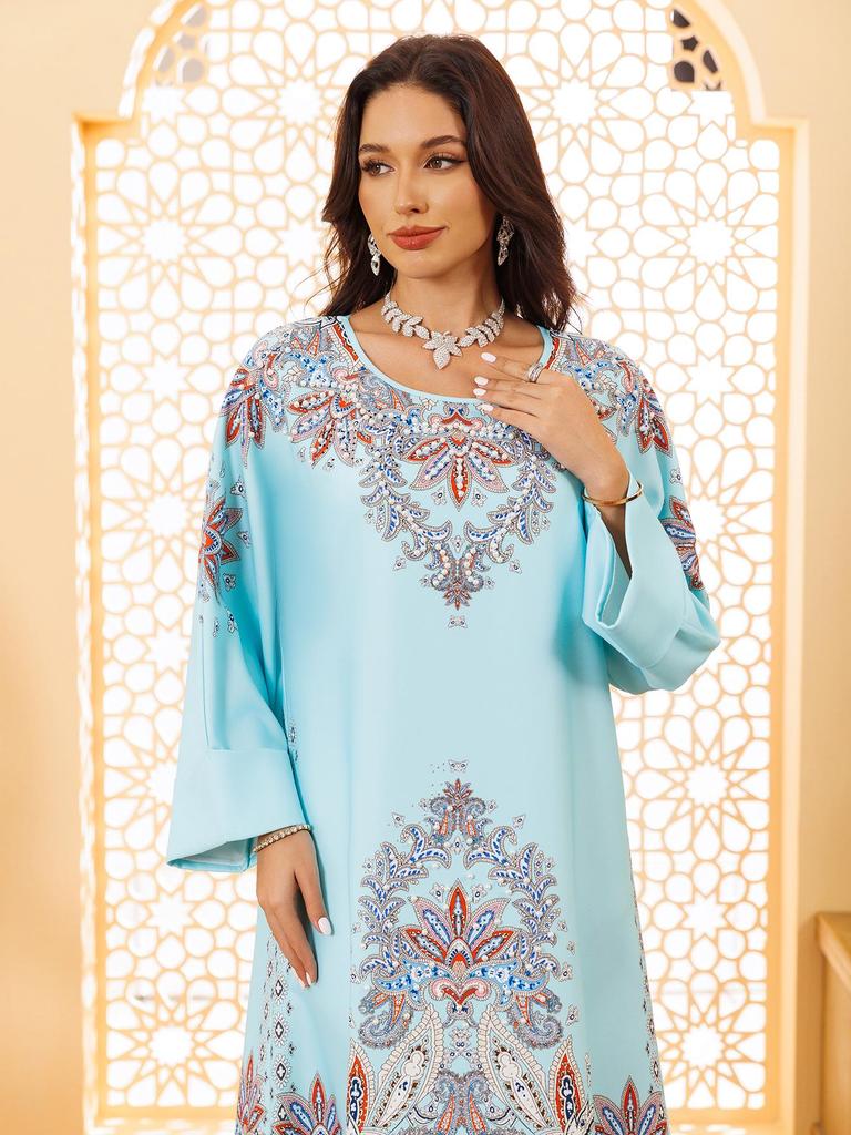 AB400 Muslim Fashion Floral Dress with Hot Drill Embellishments - Middle Eastern Style Robe for Women