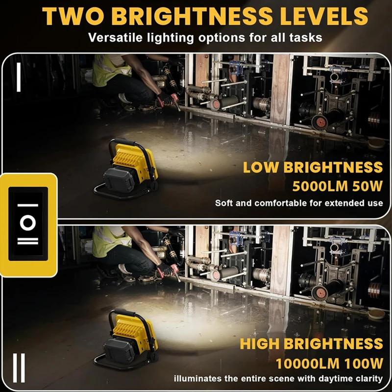 50W 10000LM Work Light For Dewalt 20V Li-ion Battery Cordless Flood Lights Construction Light Flashlight for Camping Hiking Jo
