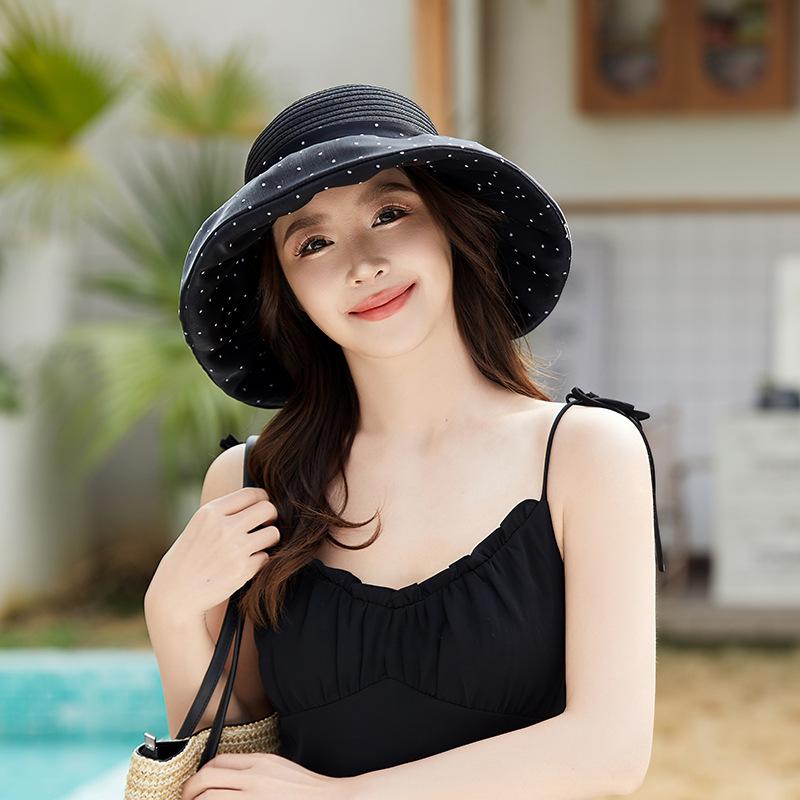 Selling women's basin hats Eugen yarn polka dot bow sun hats fashionable versatile sunscreen hats