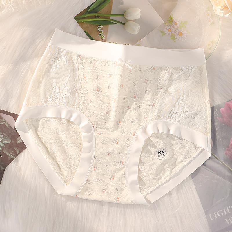 Plus Size Women's Summer Printed Lace Cotton 10A Antibacterial Long Crotch High Waist Briefs