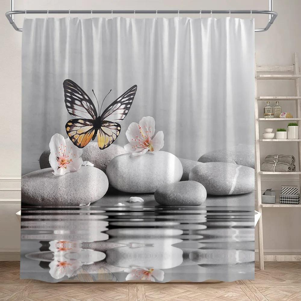 

Zen Green Bamboo Shower Curtains Purple Orchid Butterfly Flowers Plants Black Stone Spa Nature Scenery Fabric Bathroom Decor Set W60H190(CM)-1 Pcs
