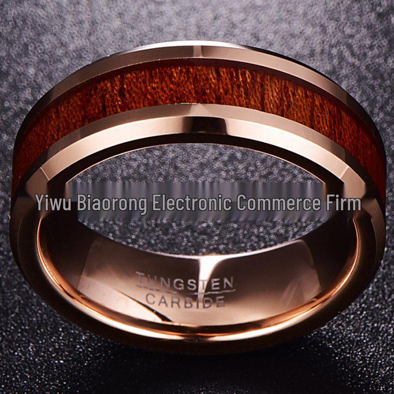 Gold-Plated Tungsten Steel Ring with Wood Inlay, 8MM Wide, Men's Sizes 6-15