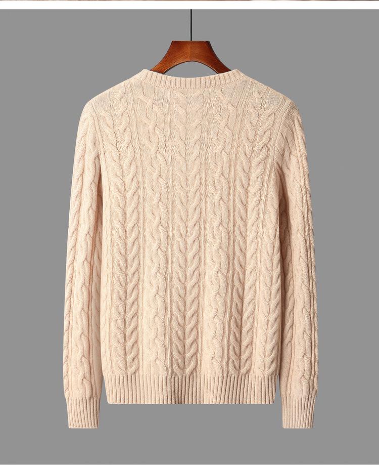 Men's 100% Wool Pullover Sweater - Thick Cable Knit, Round Neck, 90s Style, Autumn/Winter Warmth