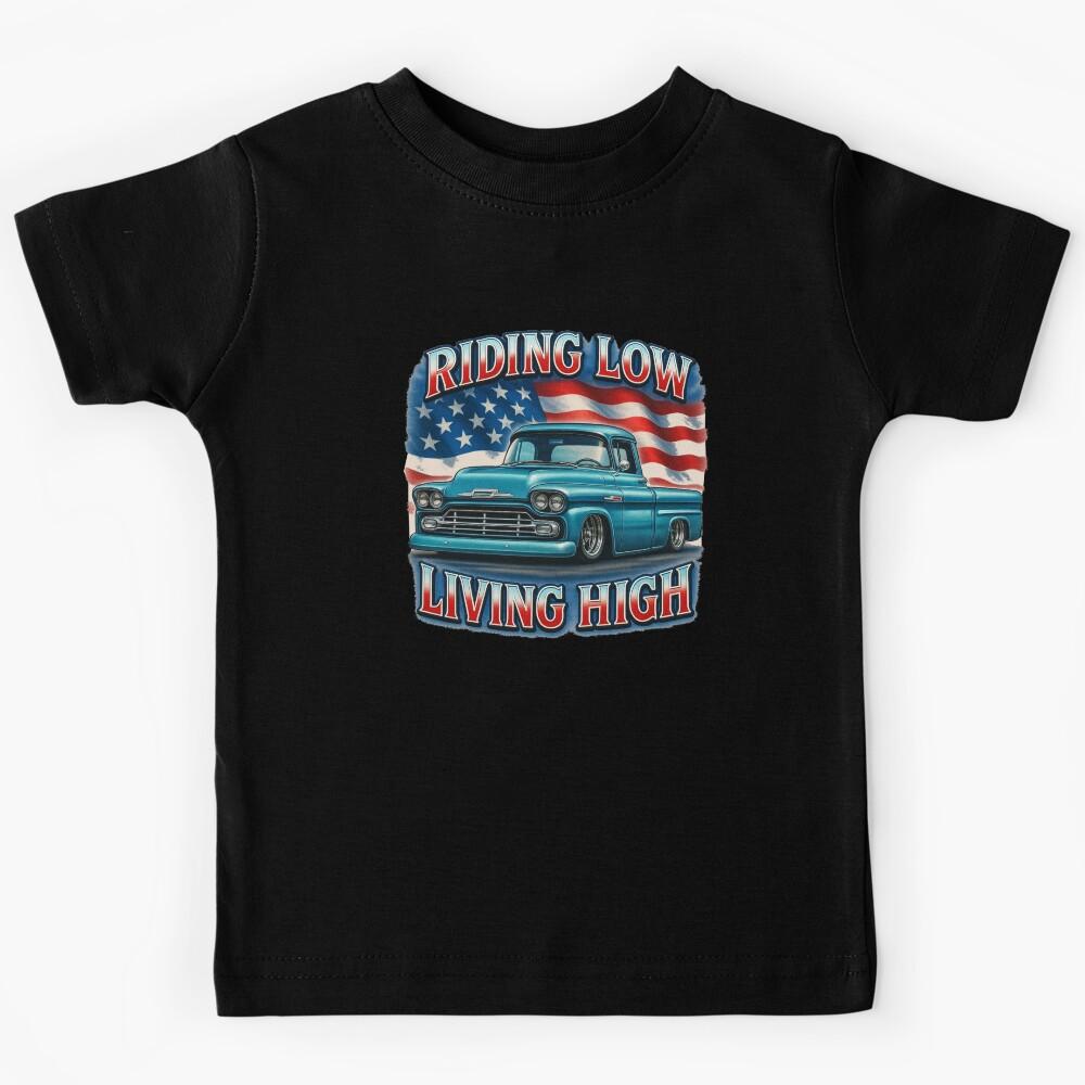 Riding Low Living High Vintage Chevy Truck with American Flag Kids T-Shirt 170