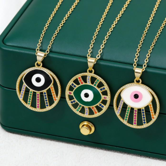 Gold Zircon Evil Eye Pendant Necklace - European and American Style Fashion Clavicle Chain