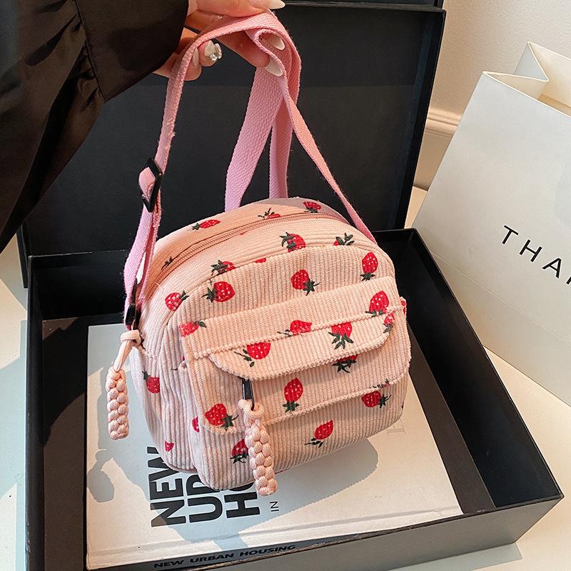 Pink Strawberry Print Corduroy Mini Backpack Cute Small Crossbody Bag With Woven Strap Daily Shopping Fashion Purse